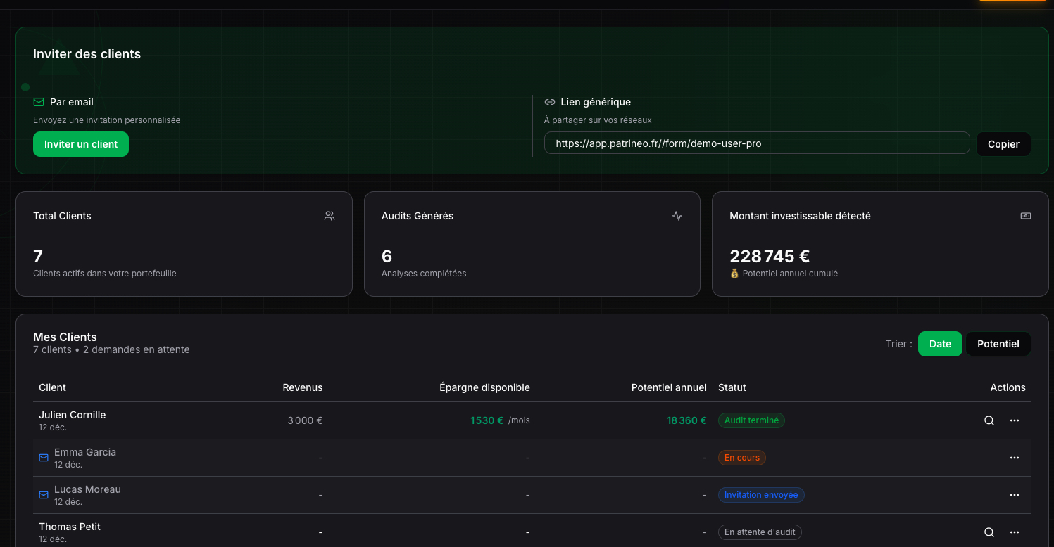 Dashboard Patrineo : tableau de bord CGP avec vue d'ensemble des clients et audits patrimoniaux